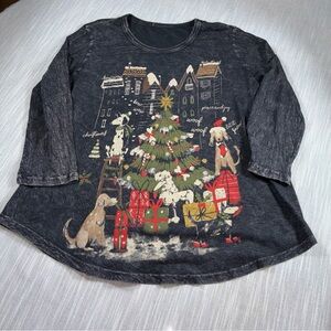 VTG JESS JANE Christmas Top Womens Small Black Dogs Bow Wow 3/4 Sleeve USA Made